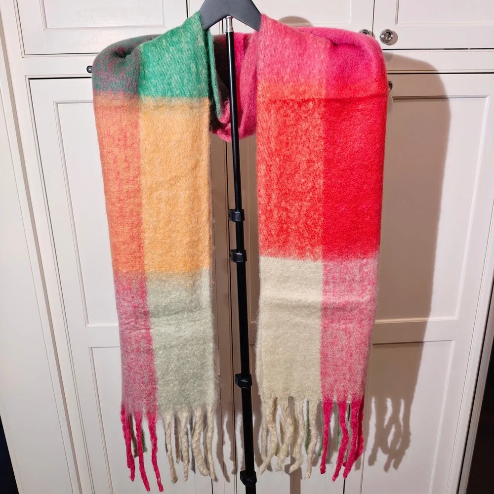 Save the Ocean Recycled Plaid Blanket Scarf Multi Color Fringe Oversized NWT